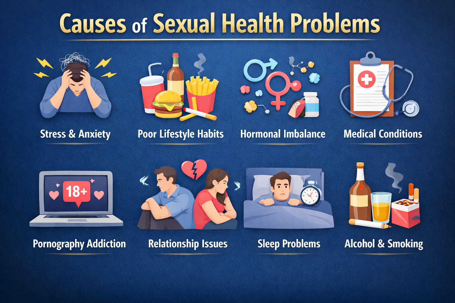 Common causes of sexual health problems in men and women including stress, hormonal imbalance, and lifestyle factors
