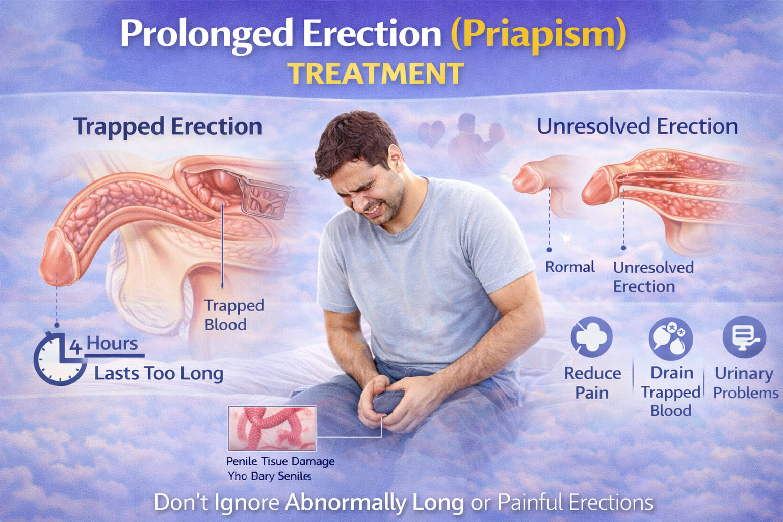 Prolonged erection or priapism treatment for painful long-lasting erections